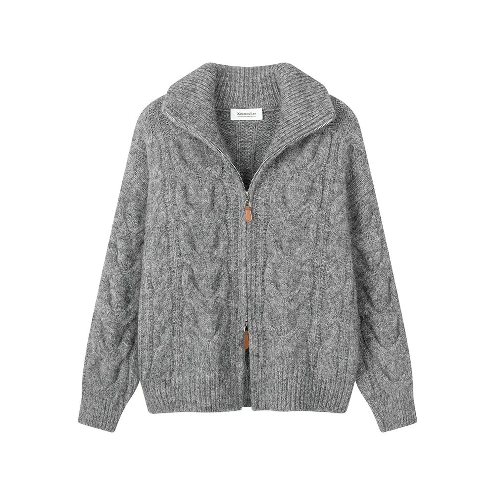 Knit Lapel Zip-Up Sweater Jacket