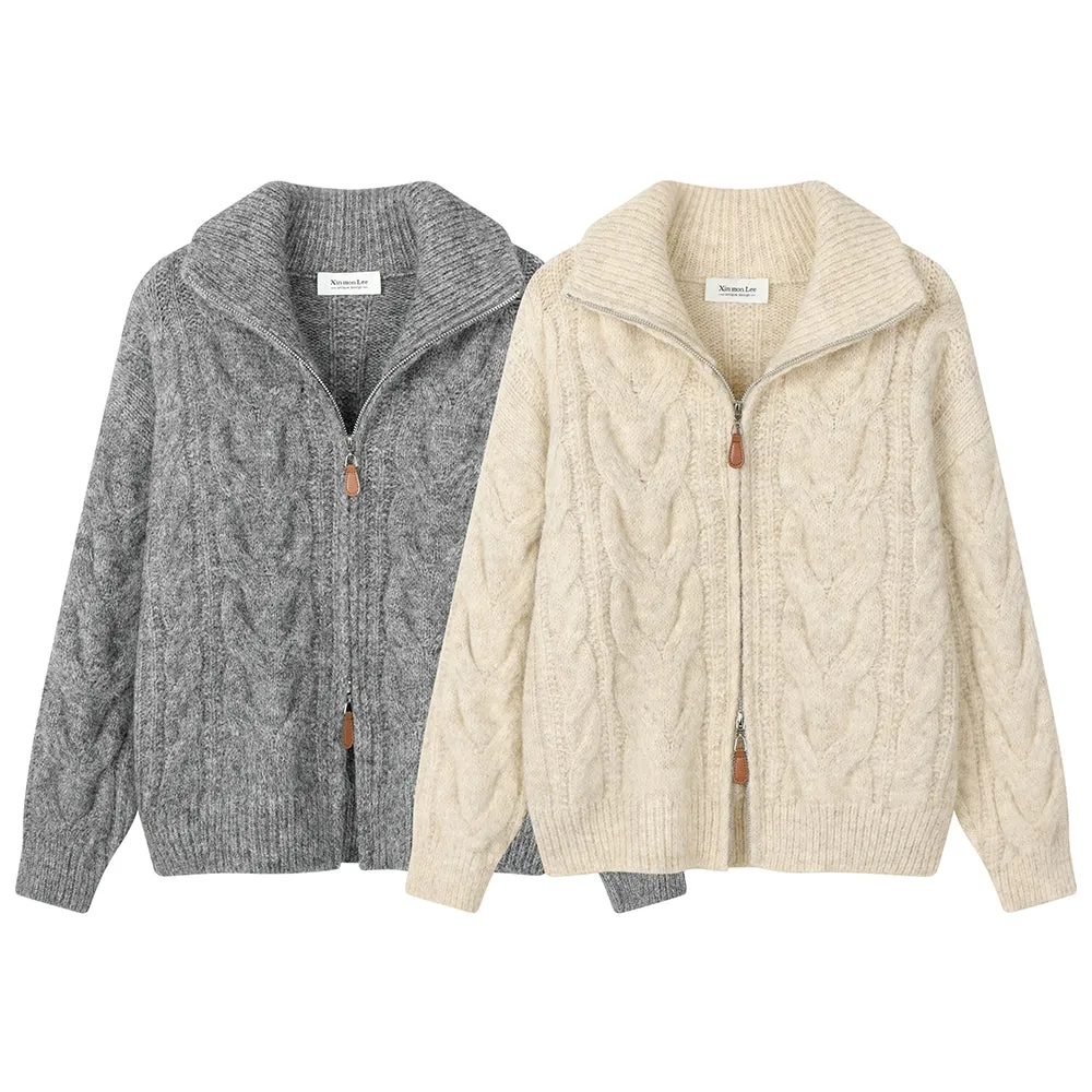 Knit Lapel Zip-Up Sweater Jacket