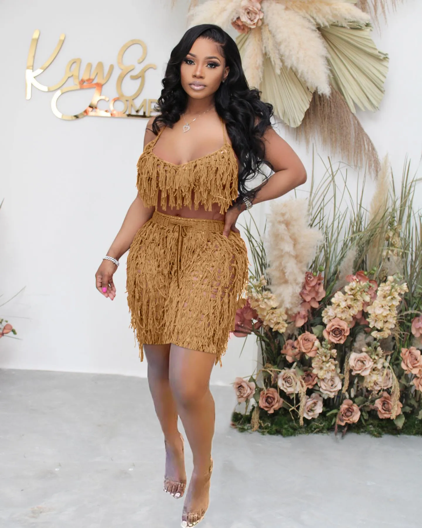 Knitted Crochet Halter Tassel Bra Cover Up Shorts Set