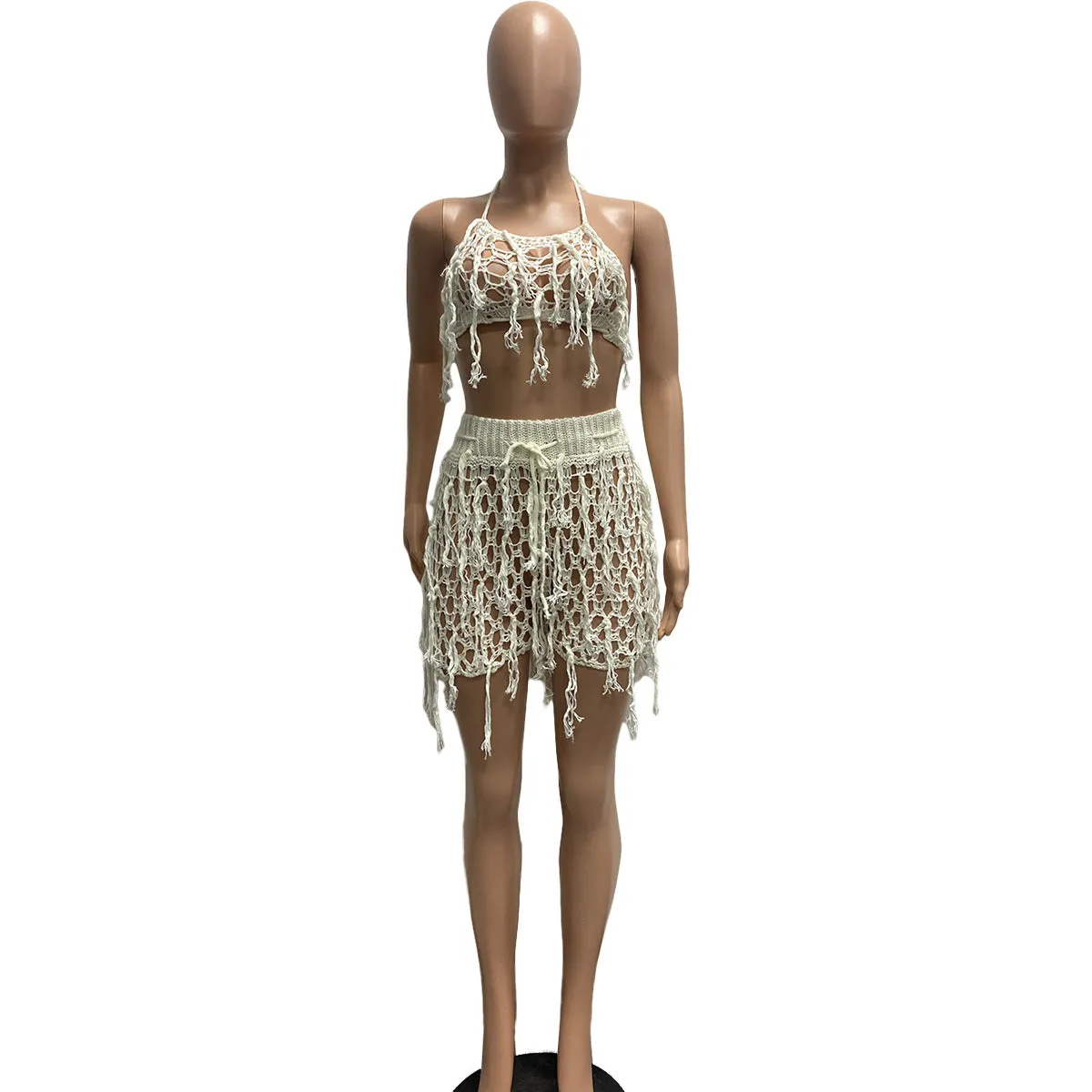 Knitted Crochet Halter Tassel Bra Cover Up Shorts Set