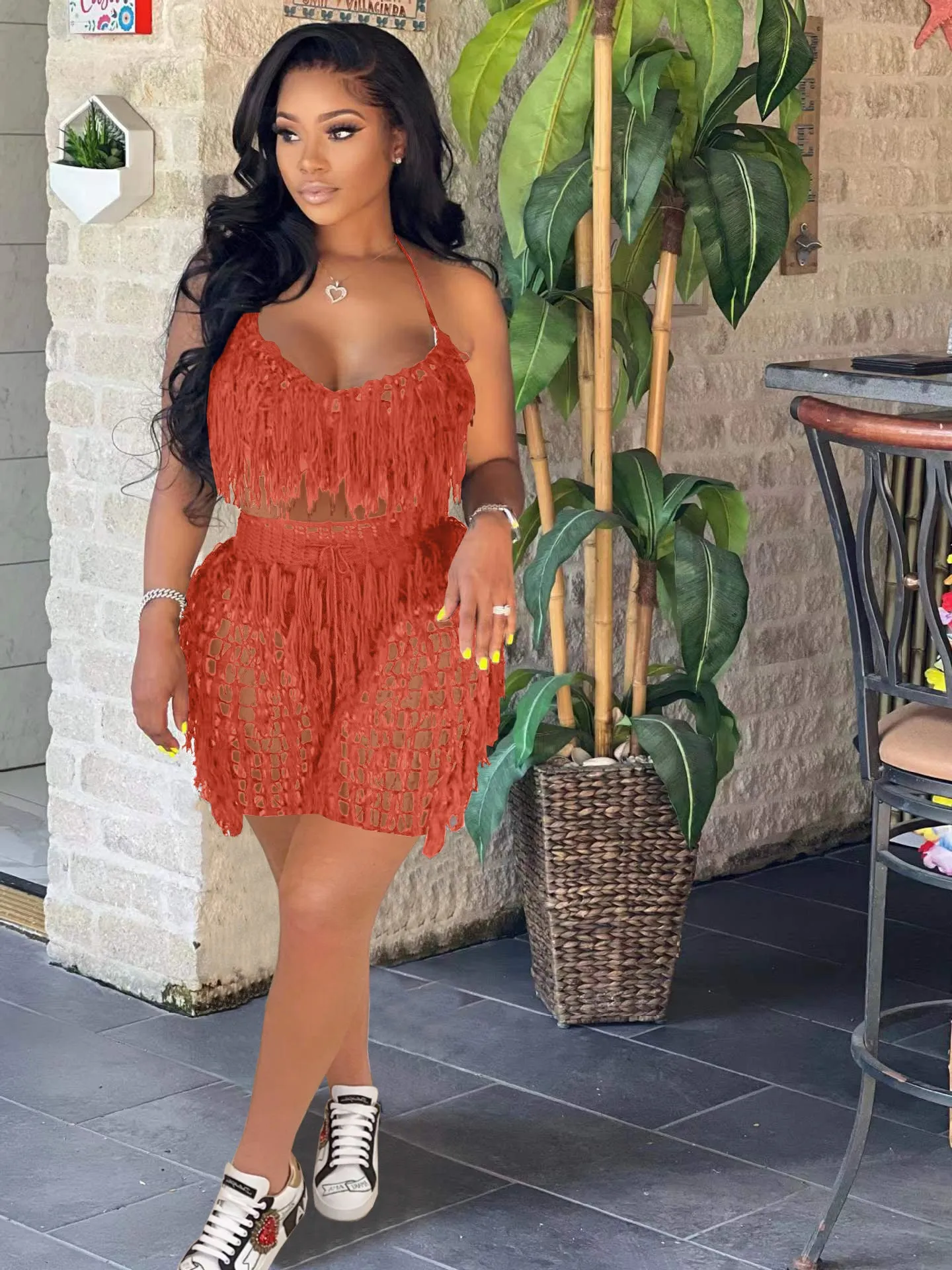 Knitted Crochet Halter Tassel Bra Cover Up Shorts Set