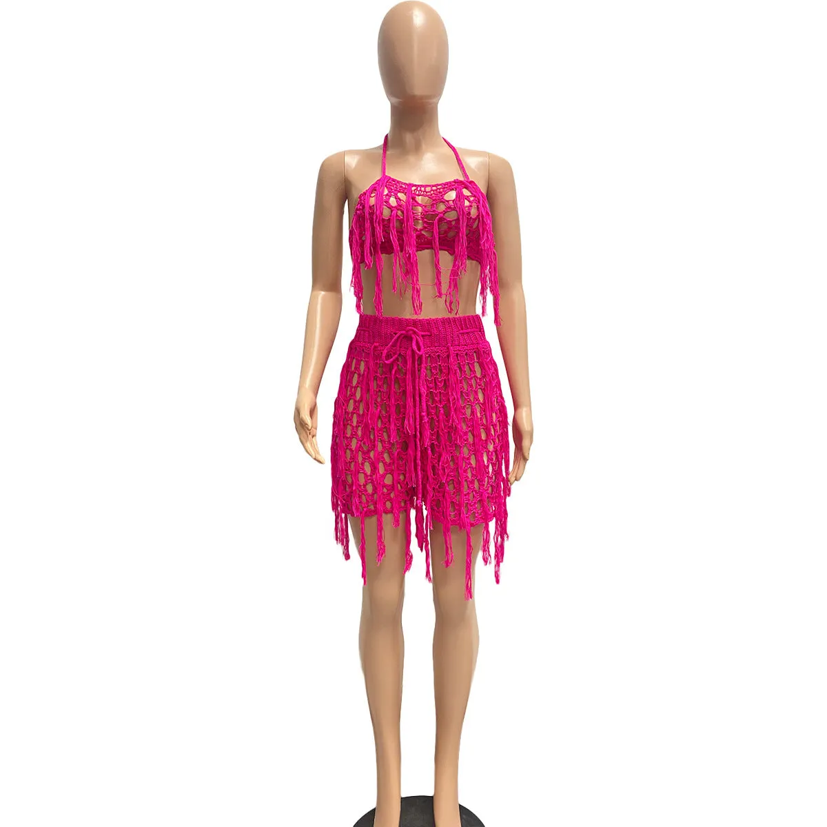 Knitted Crochet Halter Tassel Bra Cover Up Shorts Set