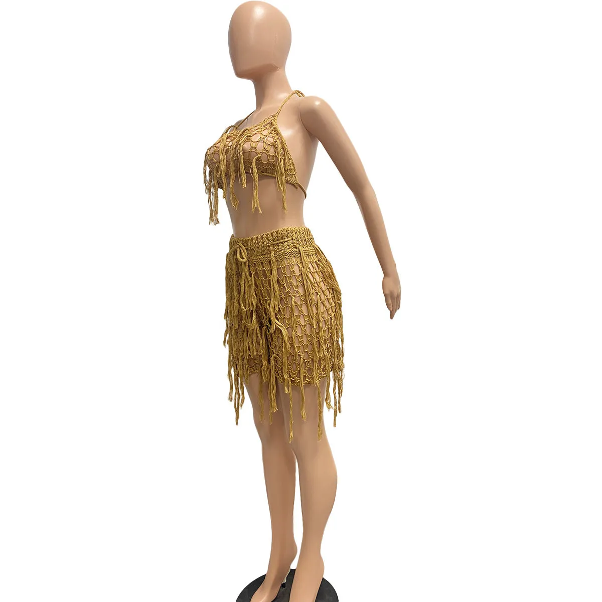Knitted Crochet Halter Tassel Bra Cover Up Shorts Set