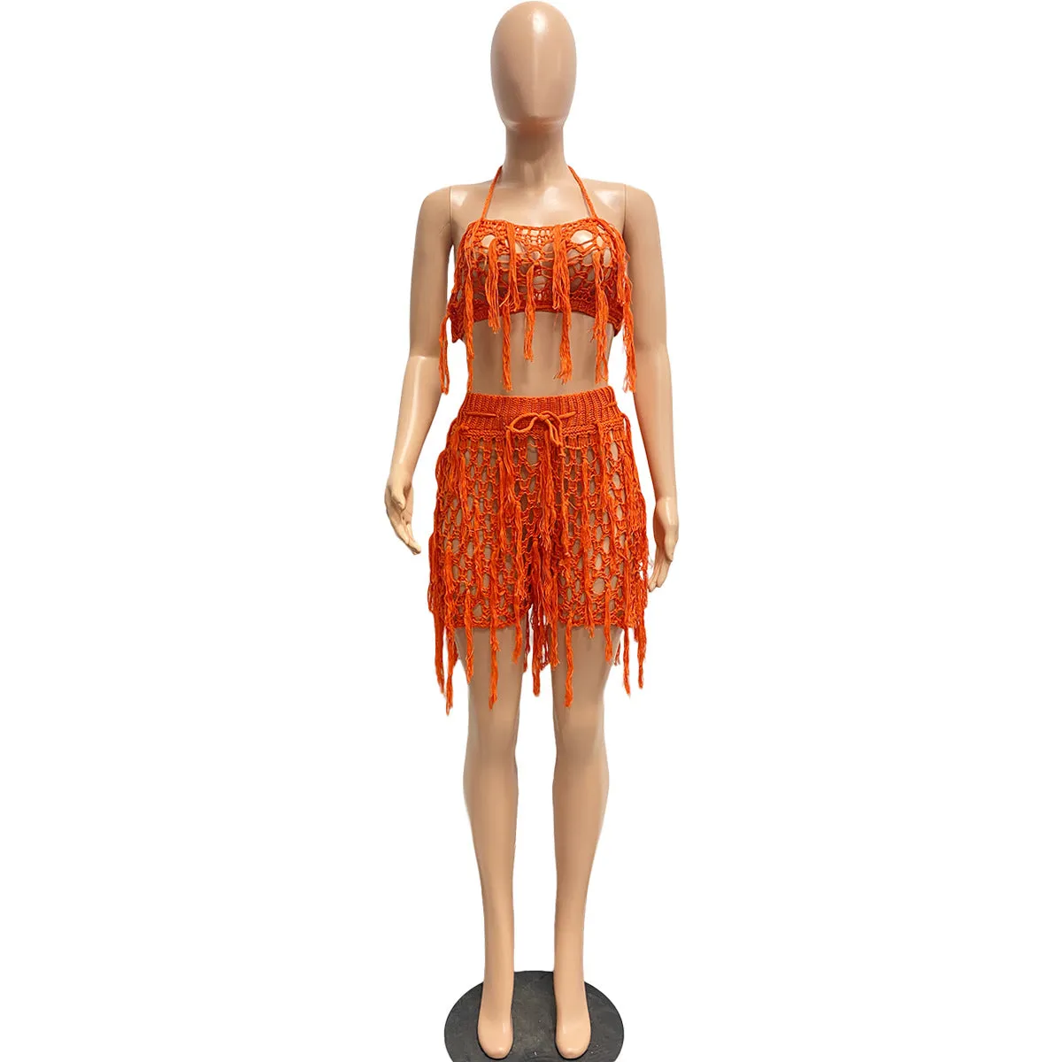 Knitted Crochet Halter Tassel Bra Cover Up Shorts Set