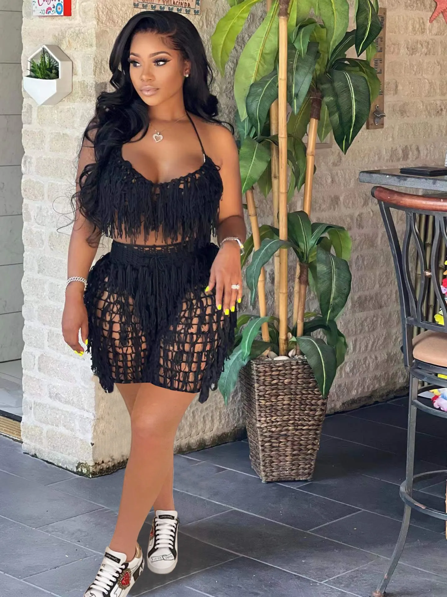 Knitted Crochet Halter Tassel Bra Cover Up Shorts Set