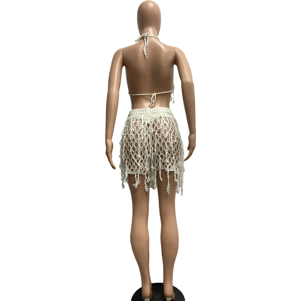 Knitted Crochet Halter Tassel Bra Cover Up Shorts Set