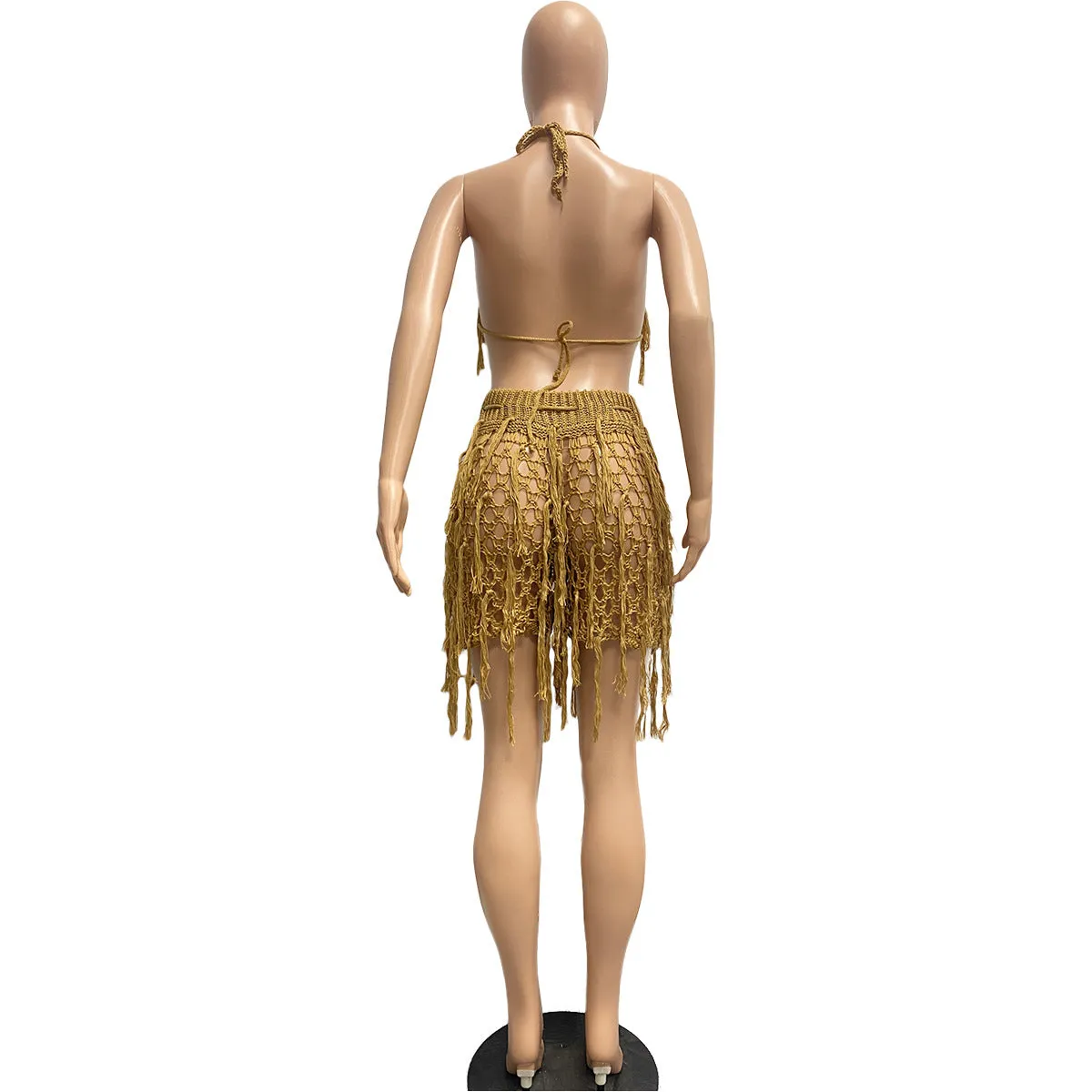 Knitted Crochet Halter Tassel Bra Cover Up Shorts Set