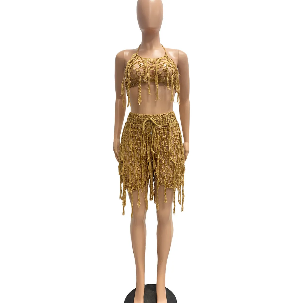 Knitted Crochet Halter Tassel Bra Cover Up Shorts Set