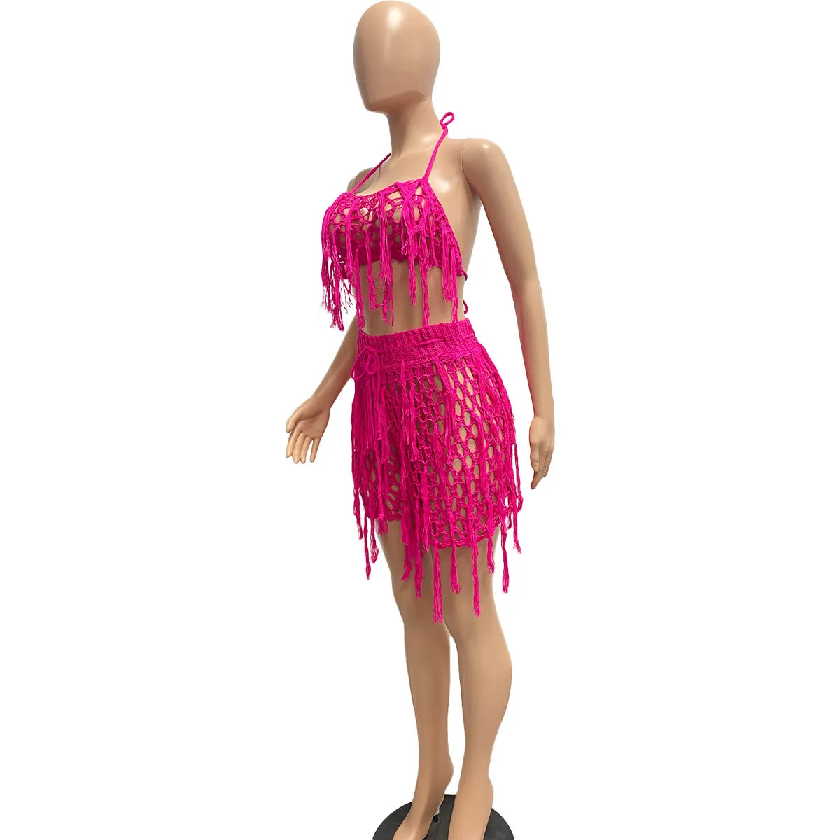 Knitted Crochet Halter Tassel Bra Cover Up Shorts Set