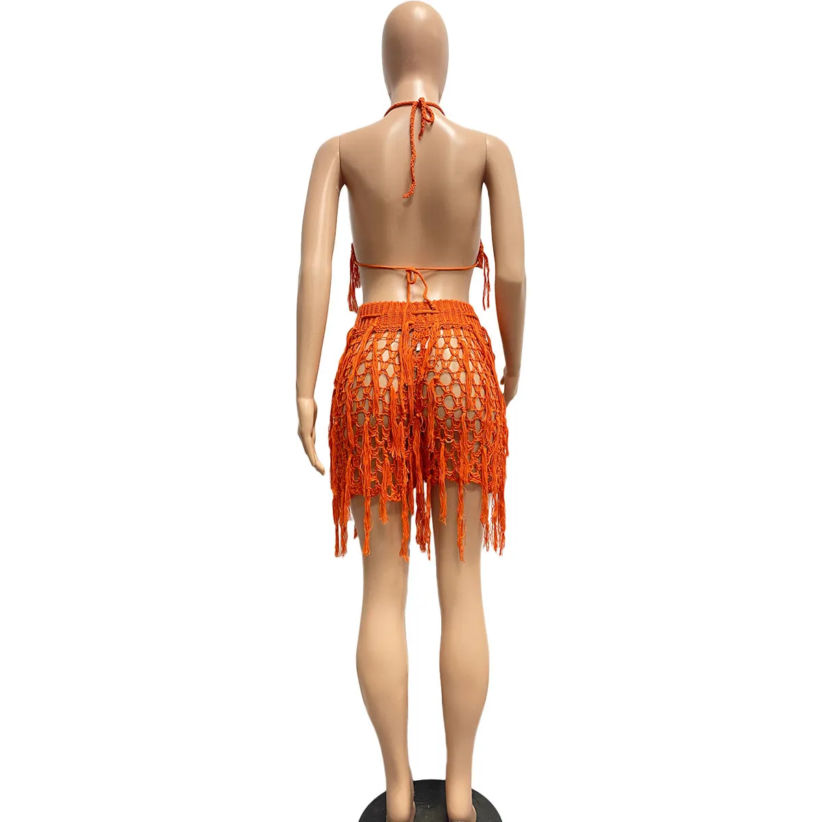 Knitted Crochet Halter Tassel Bra Cover Up Shorts Set