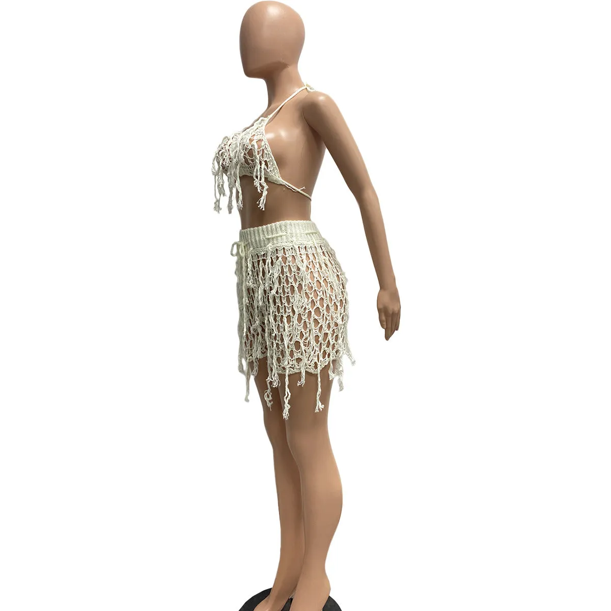 Knitted Crochet Halter Tassel Bra Cover Up Shorts Set