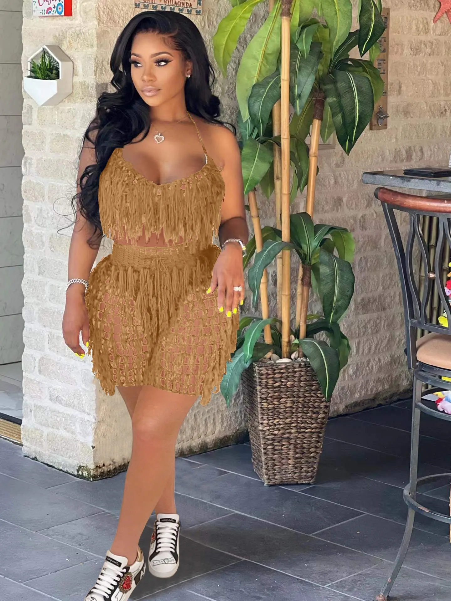 Knitted Crochet Halter Tassel Bra Cover Up Shorts Set