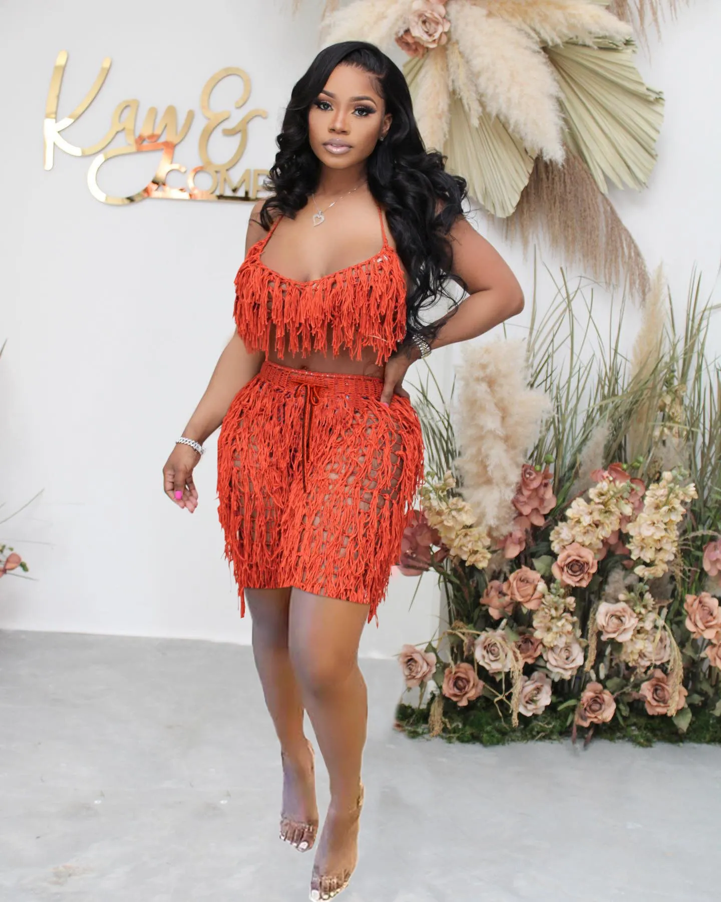 Knitted Crochet Halter Tassel Bra Cover Up Shorts Set