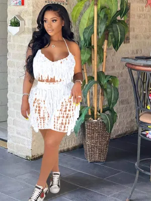 Knitted Crochet Halter Tassel Bra Cover Up Shorts Set