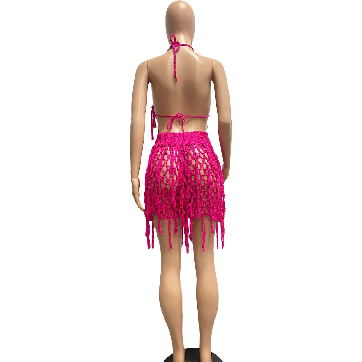 Knitted Crochet Halter Tassel Bra Cover Up Shorts Set