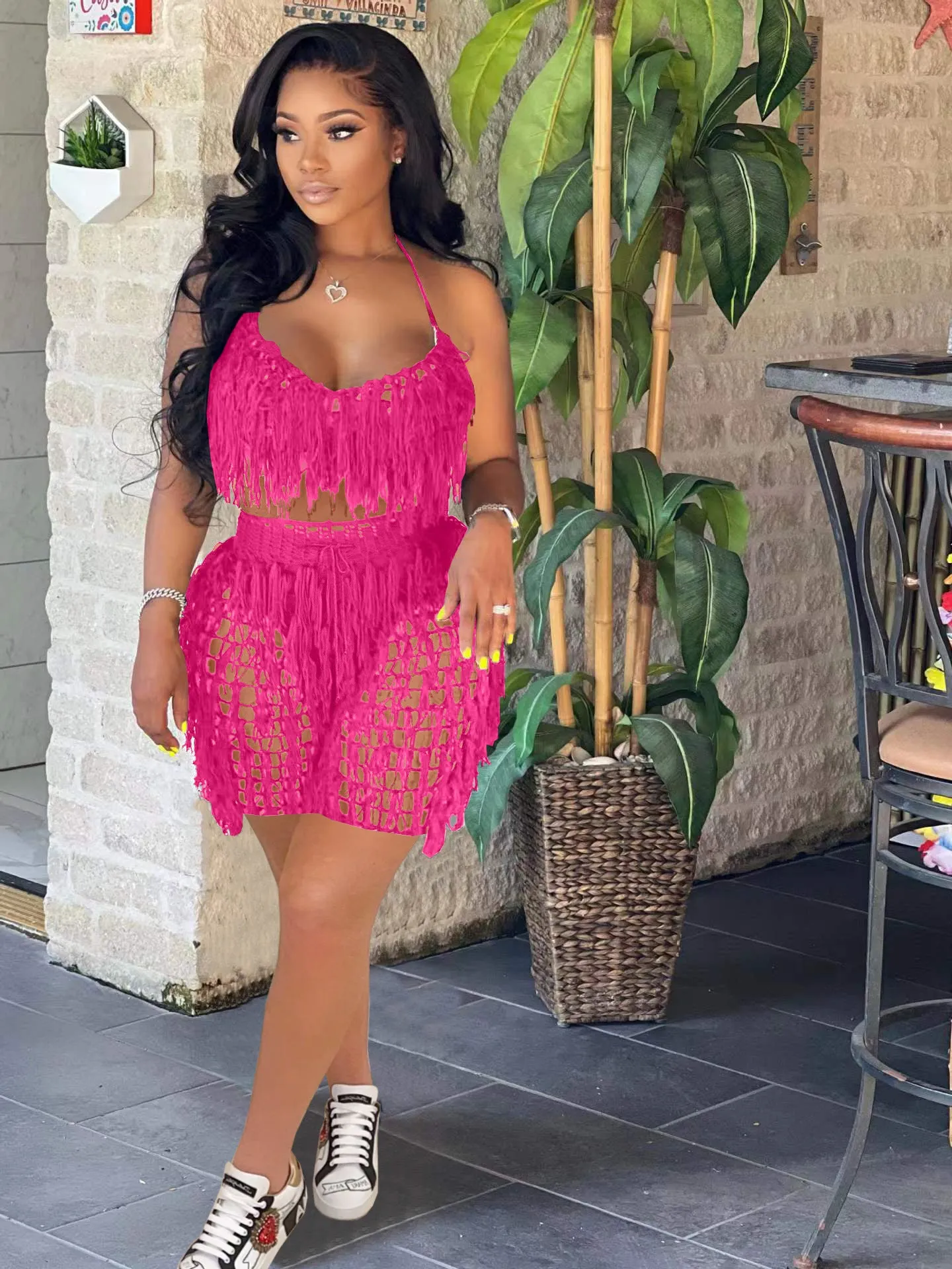 Knitted Crochet Halter Tassel Bra Cover Up Shorts Set