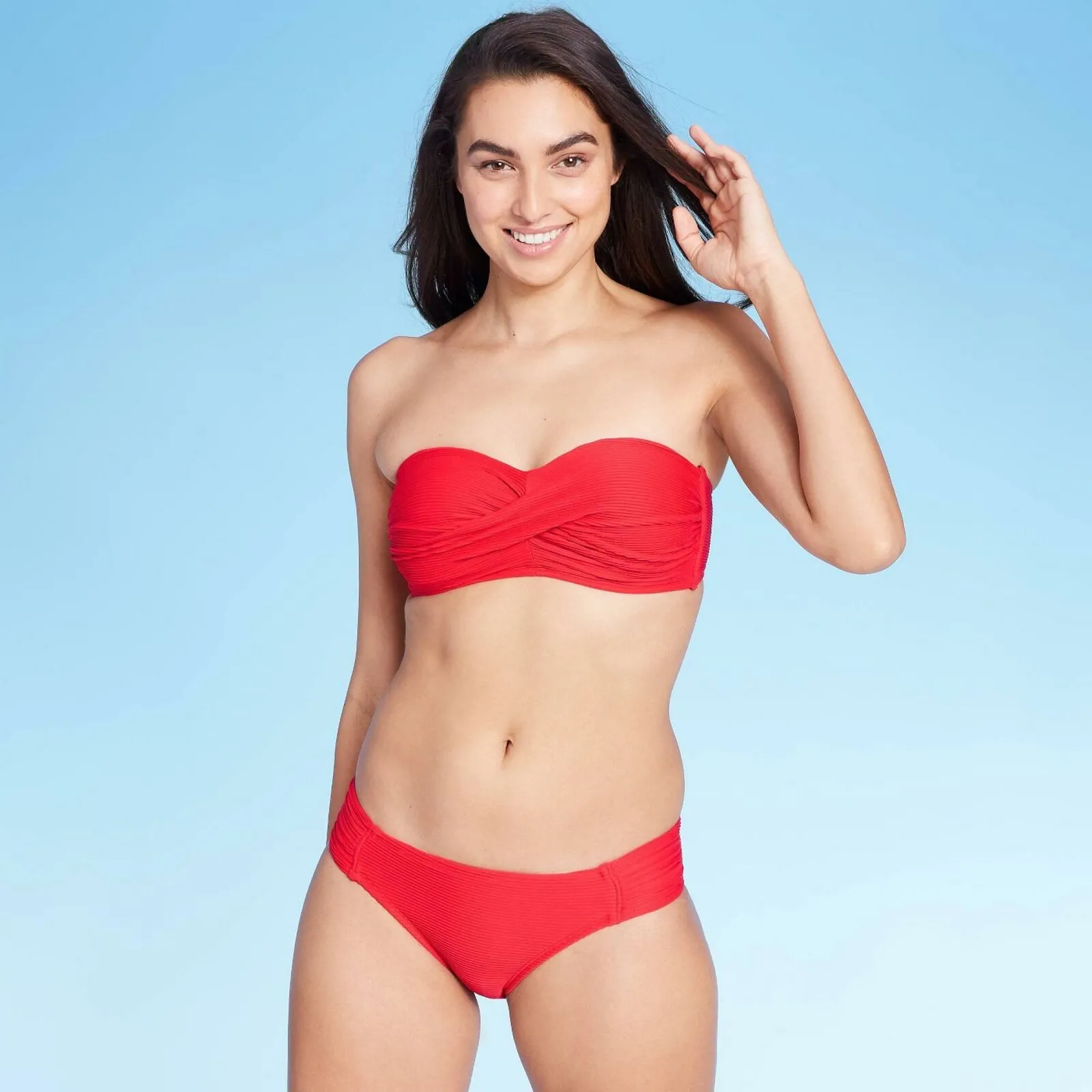 Kona Sol Women's Mid Coverage Ribbed Tab Hipster Bikini Bottom