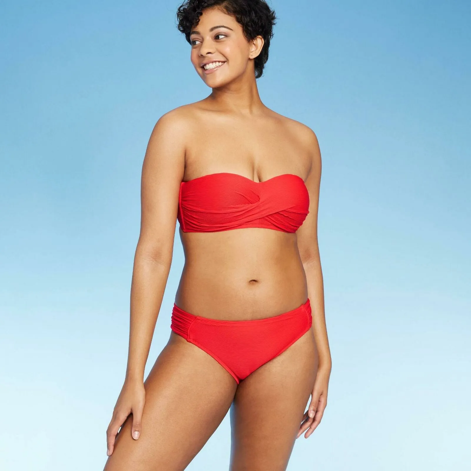 Kona Sol Women's Mid Coverage Ribbed Tab Hipster Bikini Bottom