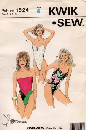Kwik Sew 1524 & 1525 Womens High Cut Leg Colour Block Stretch Swimsuit or Maillot 1980s Vintage Sewing Pattern Bust 31 - 36 inches UNCUT Factory Folded