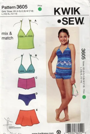 Kwik Sew 3605 Girls Stretch Bikini Swimsuits Mix N Match Swimwear Out Of Print Sewing Pattern Size 4 - 14 UNCUT Factory Folded