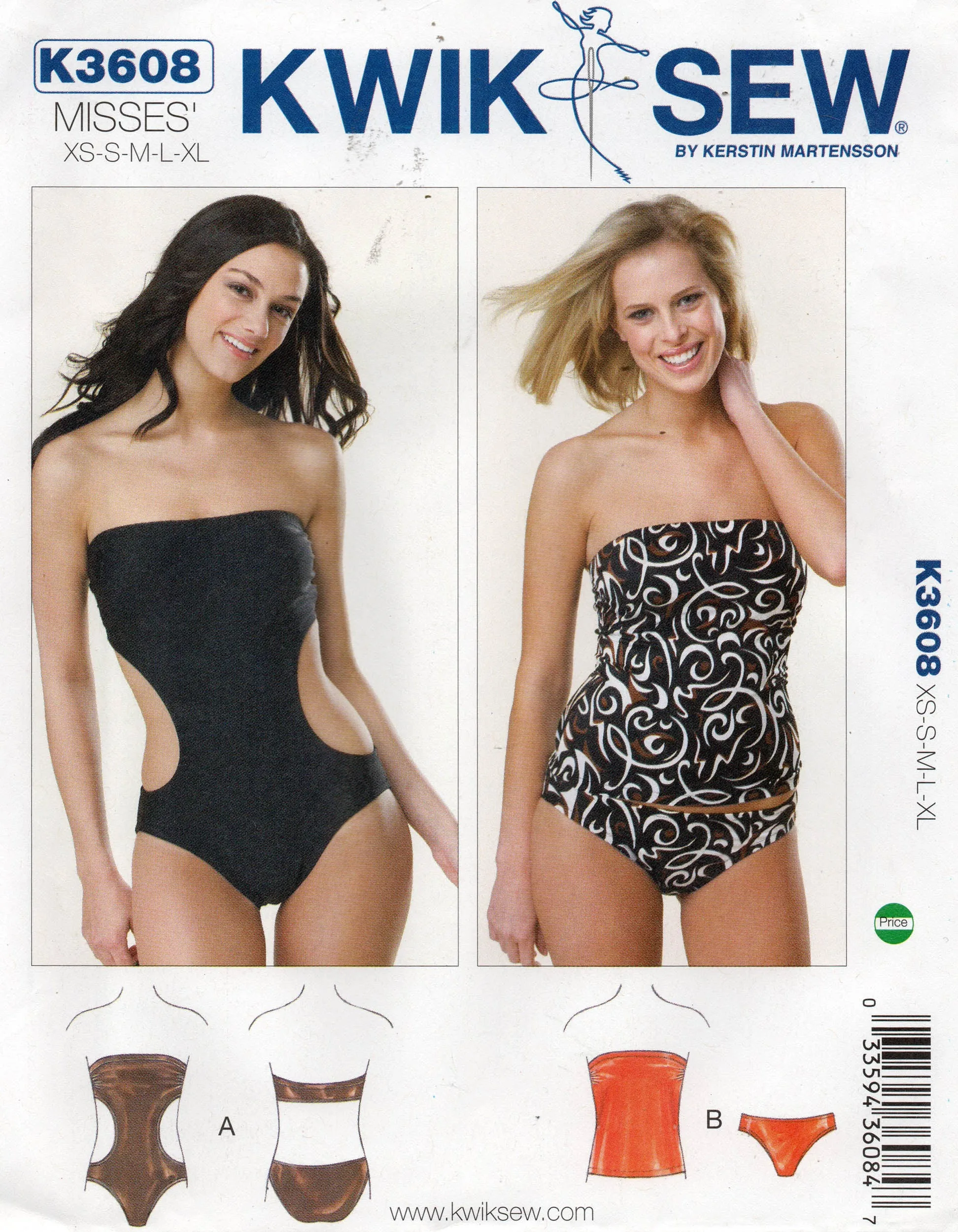 Kwik Sew 3608 Womens Strapless Tankini One or Two Piece Cutout Swimsuits Out Of Print Sewing Pattern Size XS - XL UNCUT Factory Folded