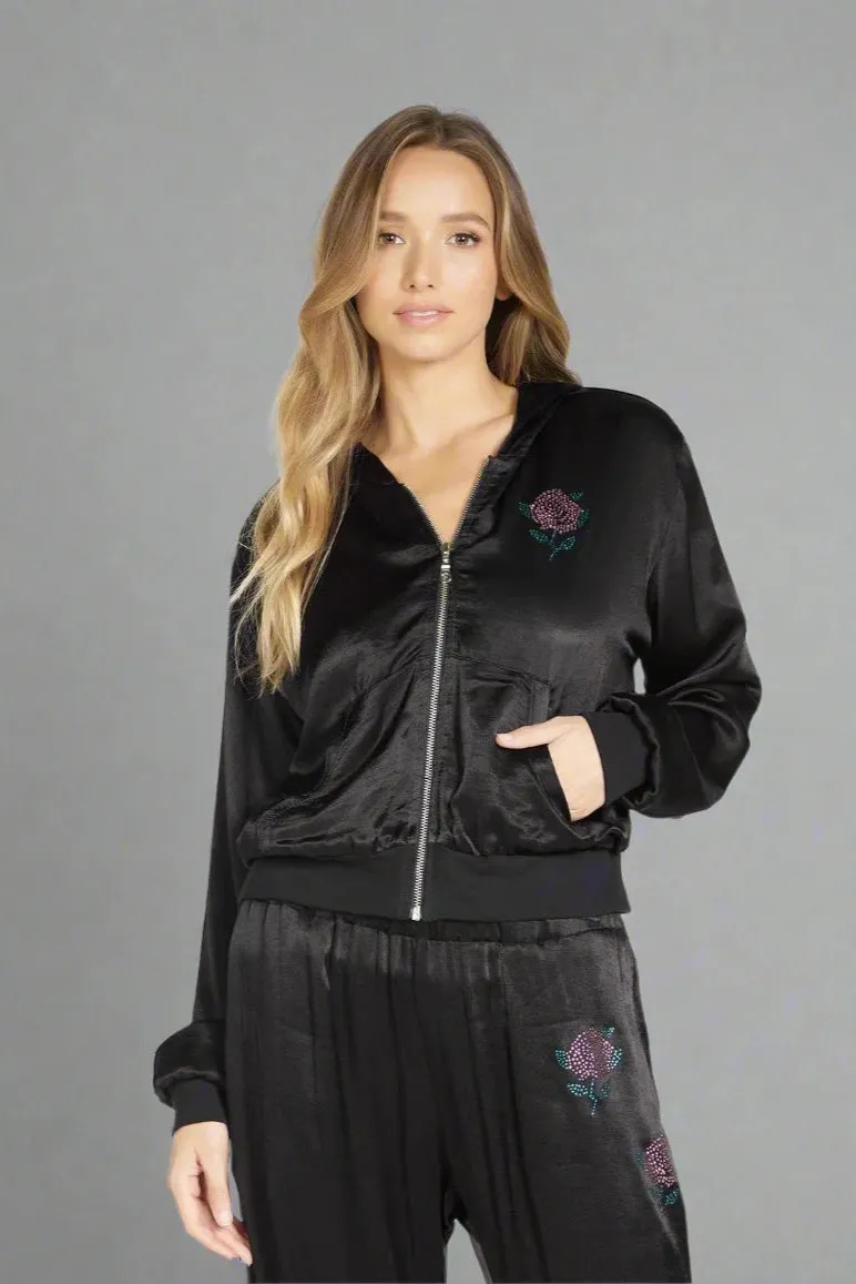 Lauren Moshi Kathleen Crystal Roses Satin Bomber Jacket