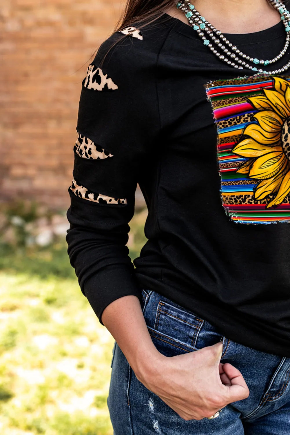 Leopard Sunflower Print Cut-out Pullover Sweatshirt