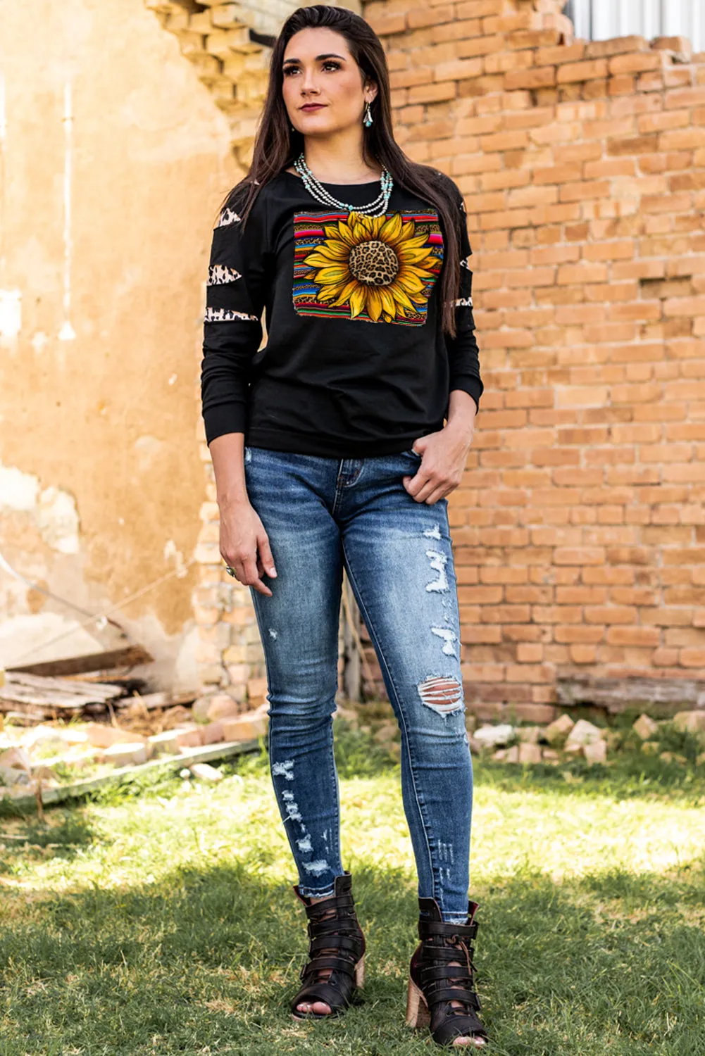 Leopard Sunflower Print Cut-out Pullover Sweatshirt