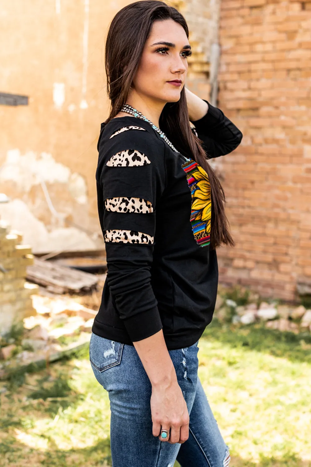 Leopard Sunflower Print Cut-out Pullover Sweatshirt