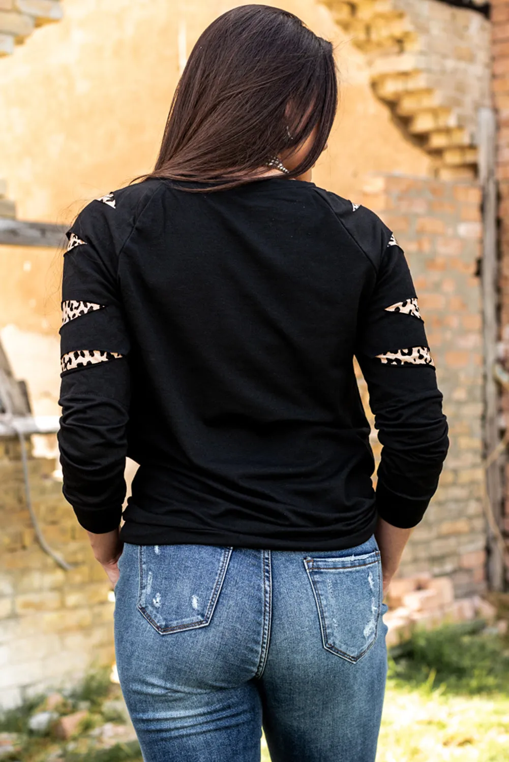 Leopard Sunflower Print Cut-out Pullover Sweatshirt
