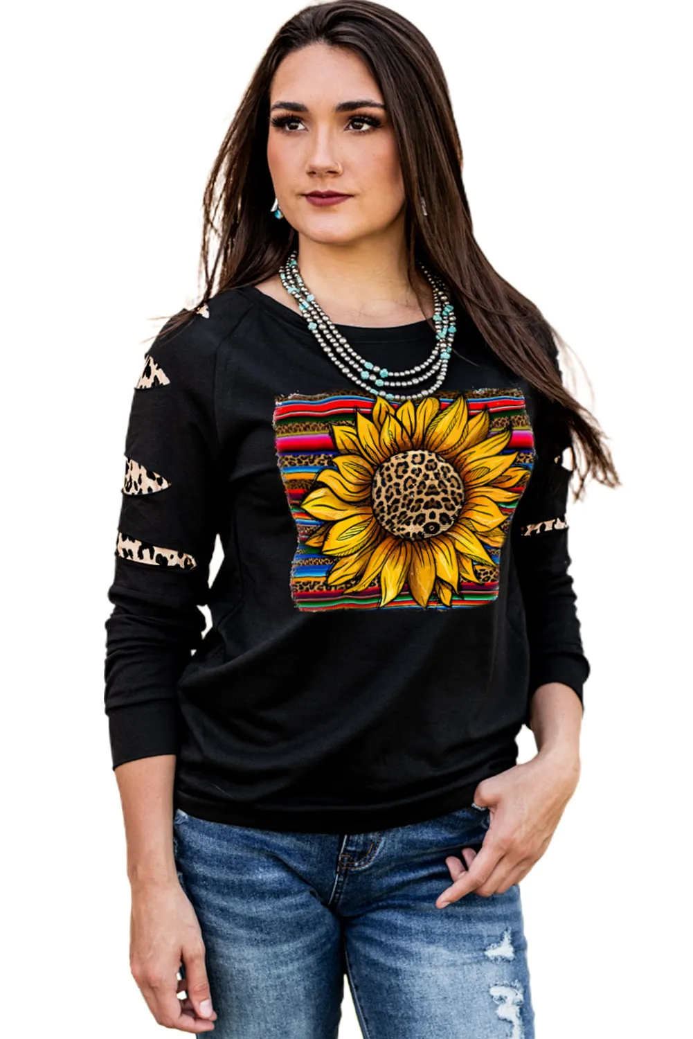 Leopard Sunflower Print Cut-out Pullover Sweatshirt