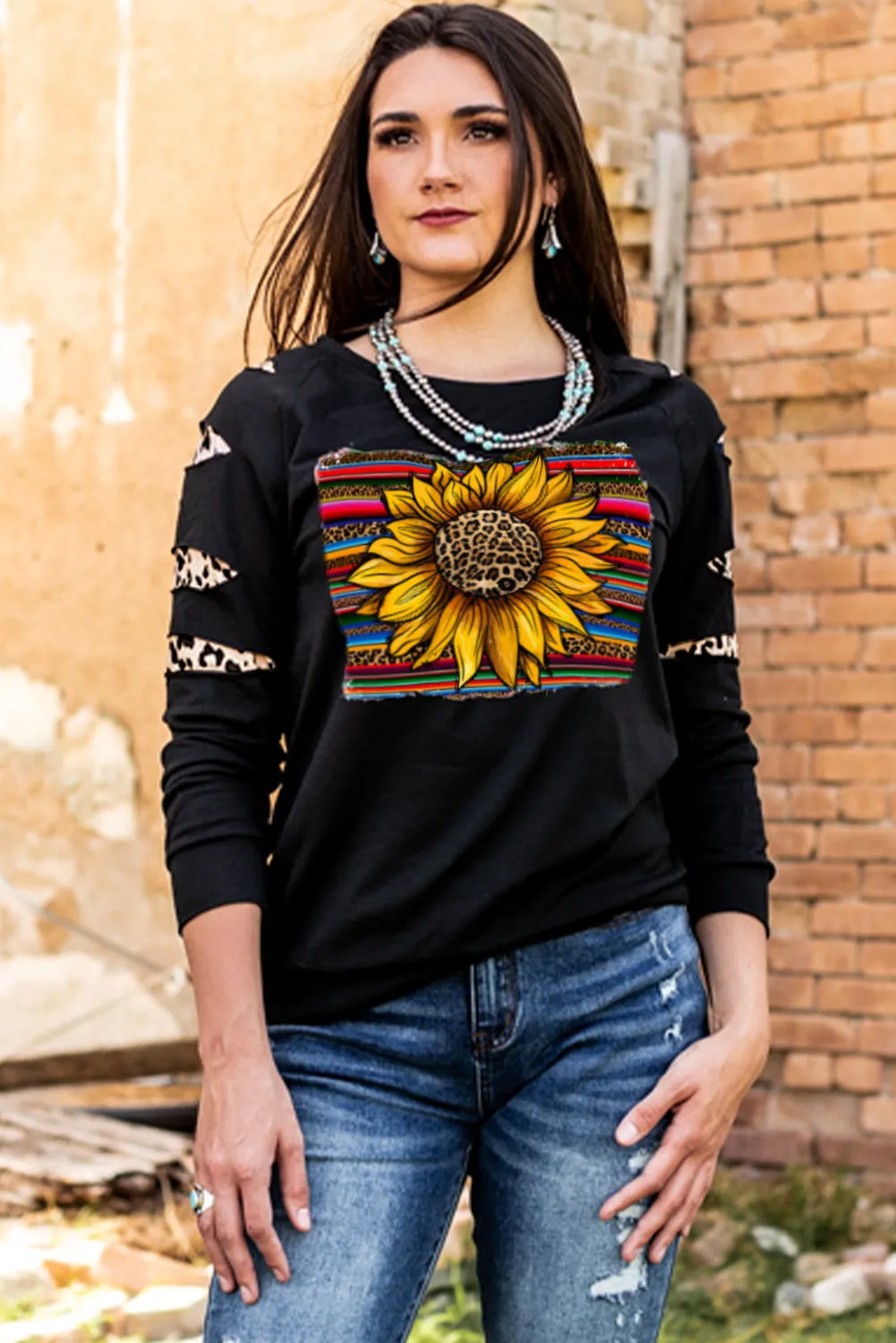 Leopard Sunflower Print Cut-out Pullover Sweatshirt