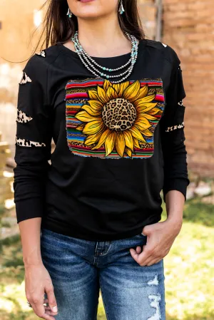 Leopard Sunflower Print Cut-out Pullover Sweatshirt