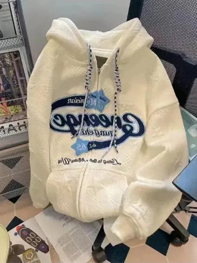 Letter Graphics Print Preppy Style Oversized Sweatshirt Vintage Zipper Y2k Streetwear