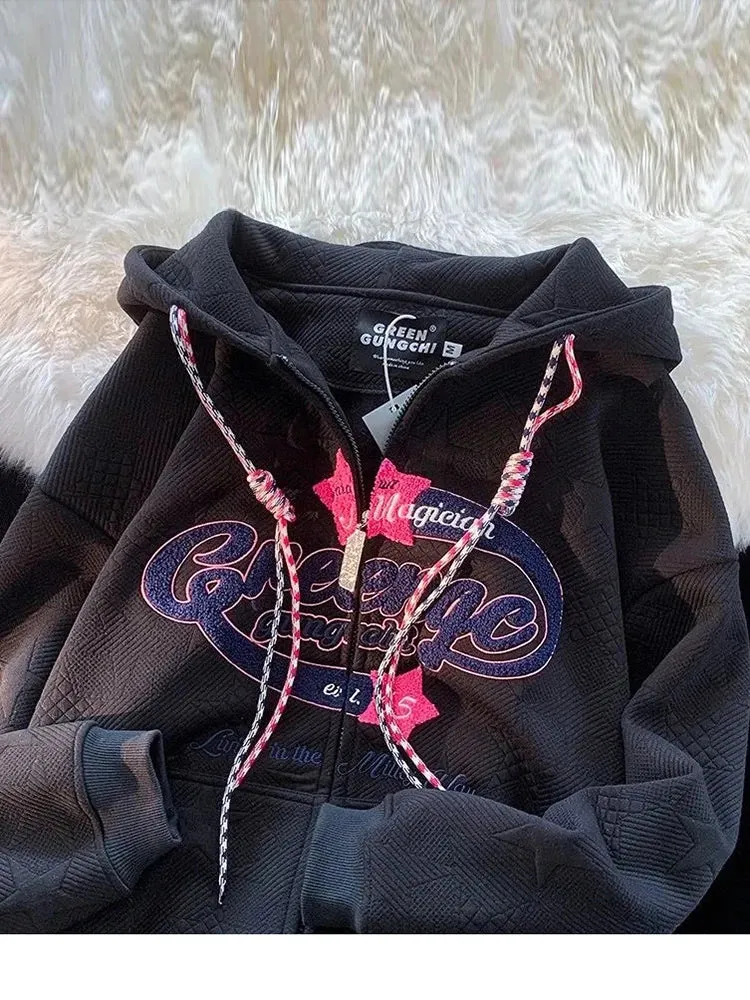 Letter Graphics Print Preppy Style Oversized Sweatshirt Vintage Zipper Y2k Streetwear