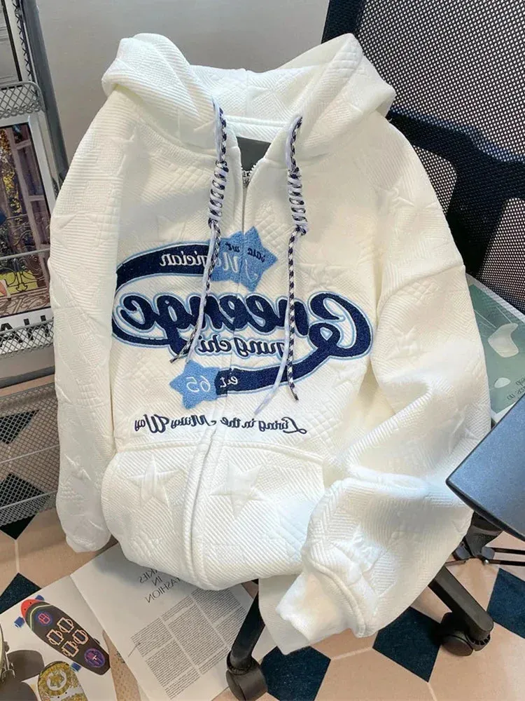 Letter Graphics Print Preppy Style Oversized Sweatshirt Vintage Zipper Y2k Streetwear