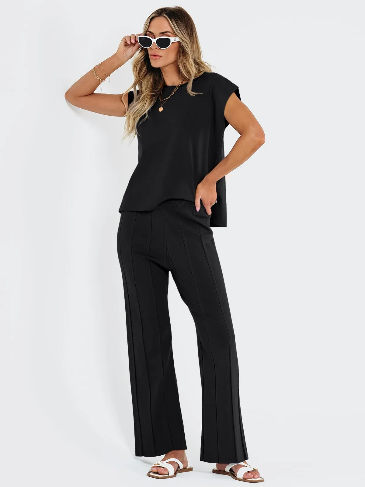 LILLUSORY 2 Piece Outfits for Women Lounge Matching Set Two Piece Knit Tracksuit Sweatsuits Top & Pants