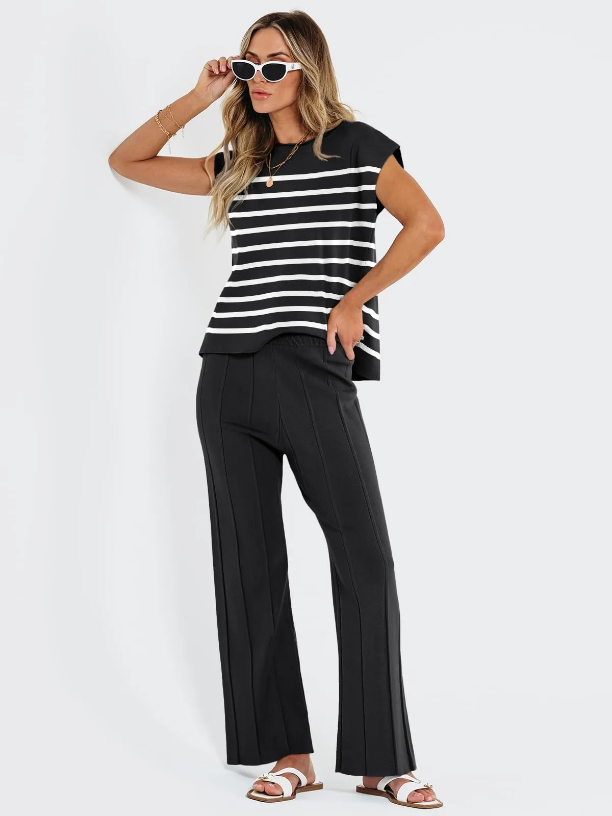 LILLUSORY 2 Piece Outfits for Women Lounge Matching Set Two Piece Knit Tracksuit Sweatsuits Top & Pants