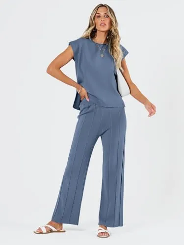 LILLUSORY 2 Piece Outfits for Women Lounge Matching Set Two Piece Knit Tracksuit Sweatsuits Top & Pants