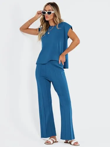 LILLUSORY 2 Piece Outfits for Women Lounge Matching Set Two Piece Knit Tracksuit Sweatsuits Top & Pants