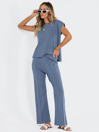 LILLUSORY 2 Piece Outfits for Women Lounge Matching Set Two Piece Knit Tracksuit Sweatsuits Top & Pants