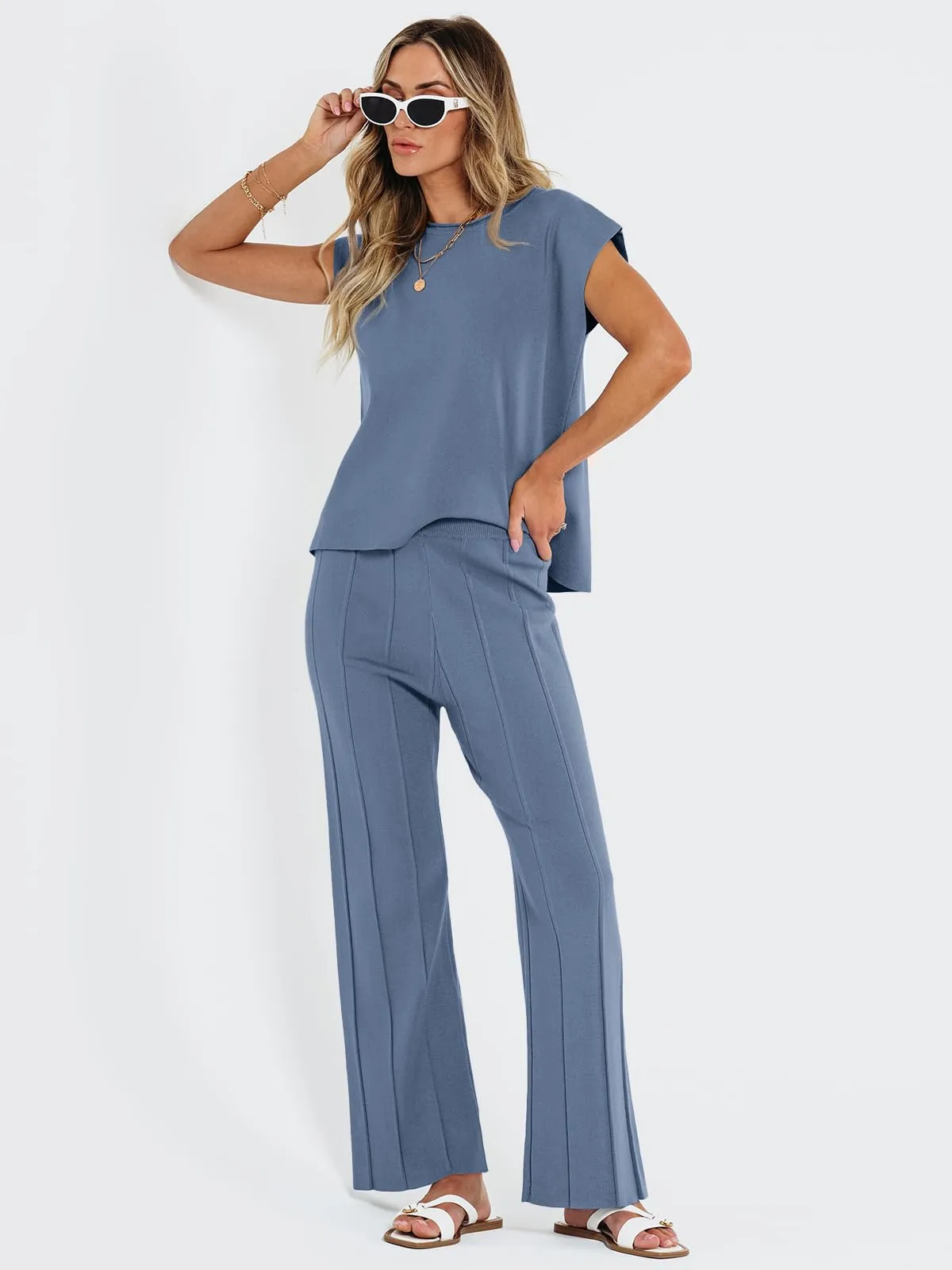 LILLUSORY 2 Piece Outfits for Women Lounge Matching Set Two Piece Knit Tracksuit Sweatsuits Top & Pants