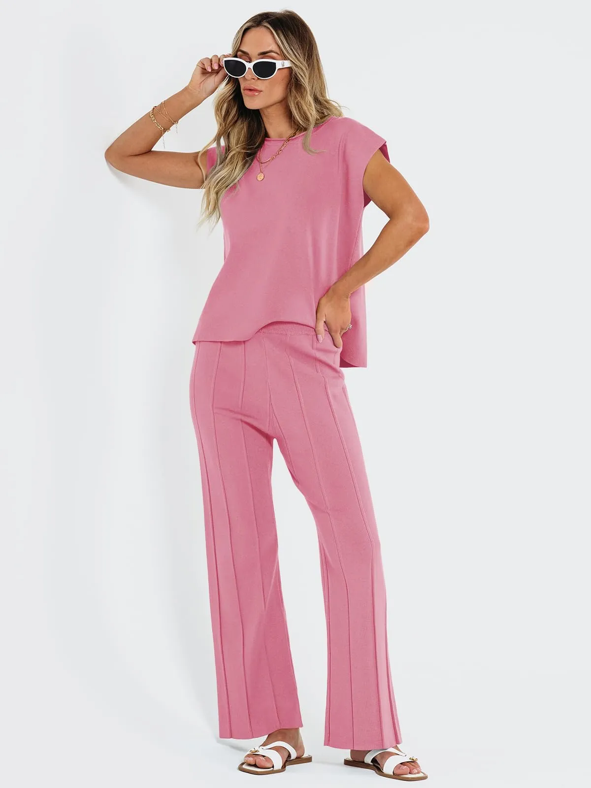 LILLUSORY 2 Piece Outfits for Women Lounge Matching Set Two Piece Knit Tracksuit Sweatsuits Top & Pants