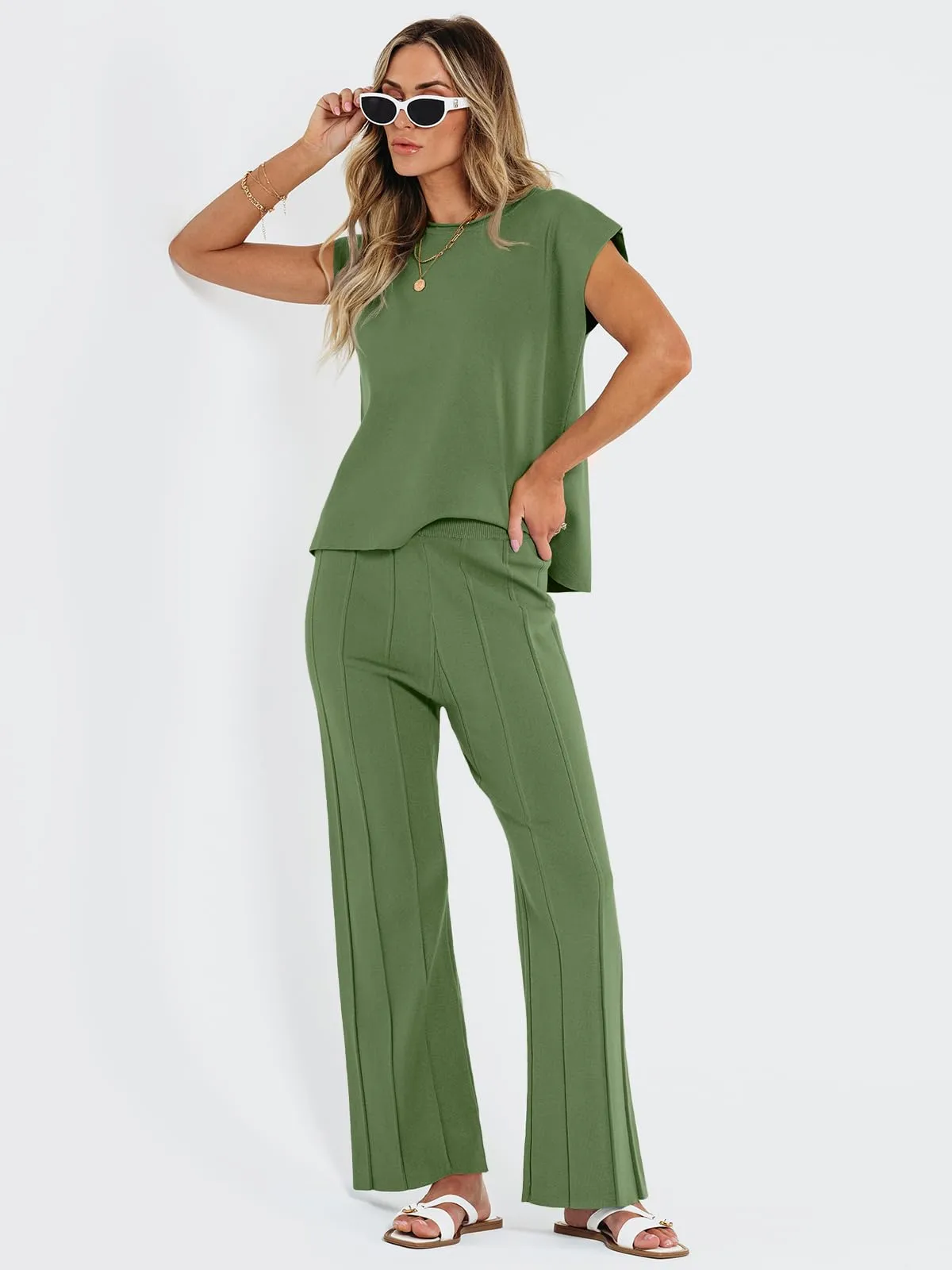 LILLUSORY 2 Piece Outfits for Women Lounge Matching Set Two Piece Knit Tracksuit Sweatsuits Top & Pants
