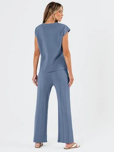 LILLUSORY 2 Piece Outfits for Women Lounge Matching Set Two Piece Knit Tracksuit Sweatsuits Top & Pants