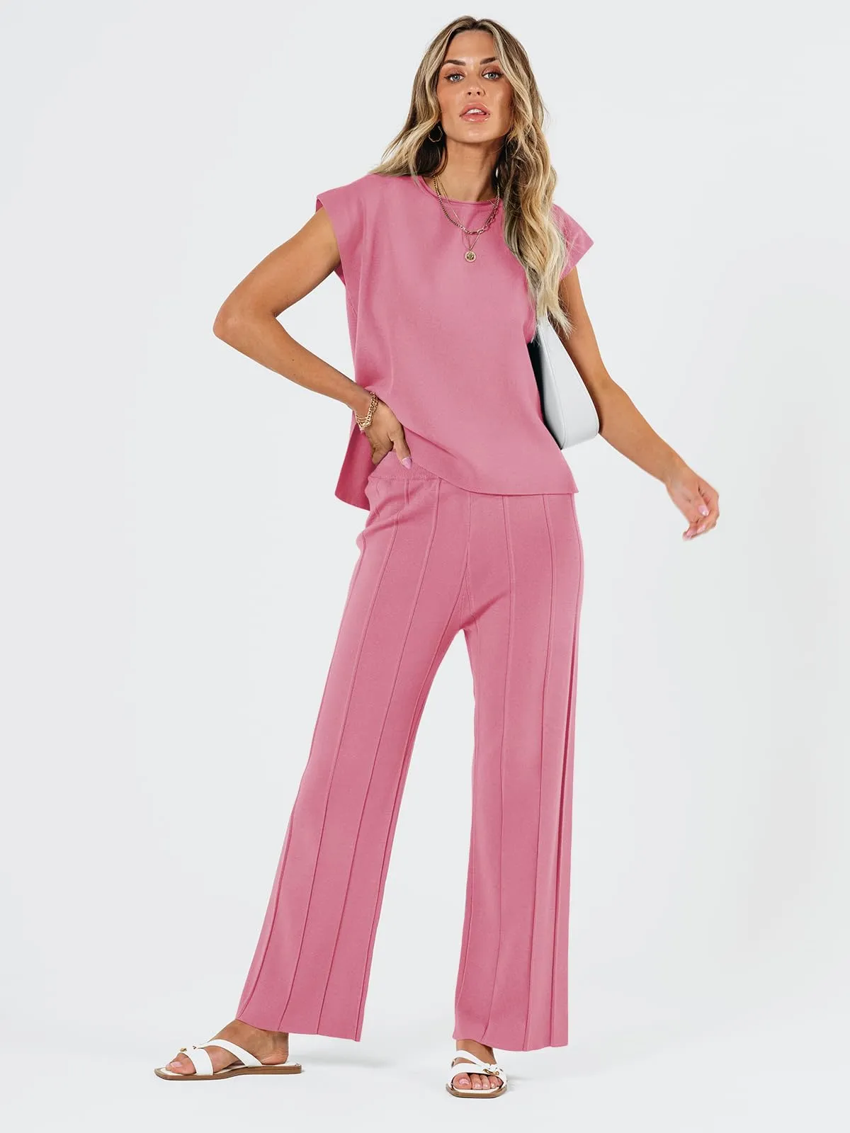 LILLUSORY 2 Piece Outfits for Women Lounge Matching Set Two Piece Knit Tracksuit Sweatsuits Top & Pants