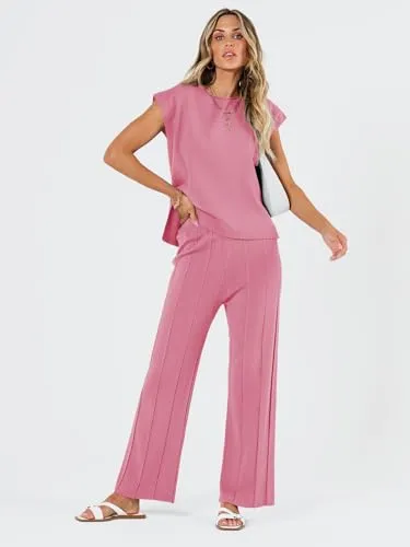 LILLUSORY 2 Piece Outfits for Women Lounge Matching Set Two Piece Knit Tracksuit Sweatsuits Top & Pants