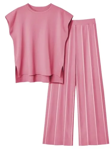 LILLUSORY 2 Piece Outfits for Women Lounge Matching Set Two Piece Knit Tracksuit Sweatsuits Top & Pants