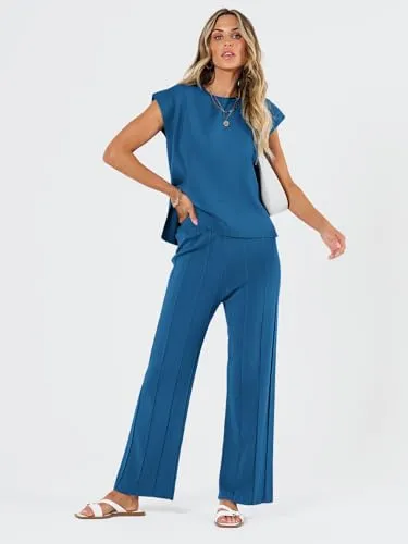 LILLUSORY 2 Piece Outfits for Women Lounge Matching Set Two Piece Knit Tracksuit Sweatsuits Top & Pants