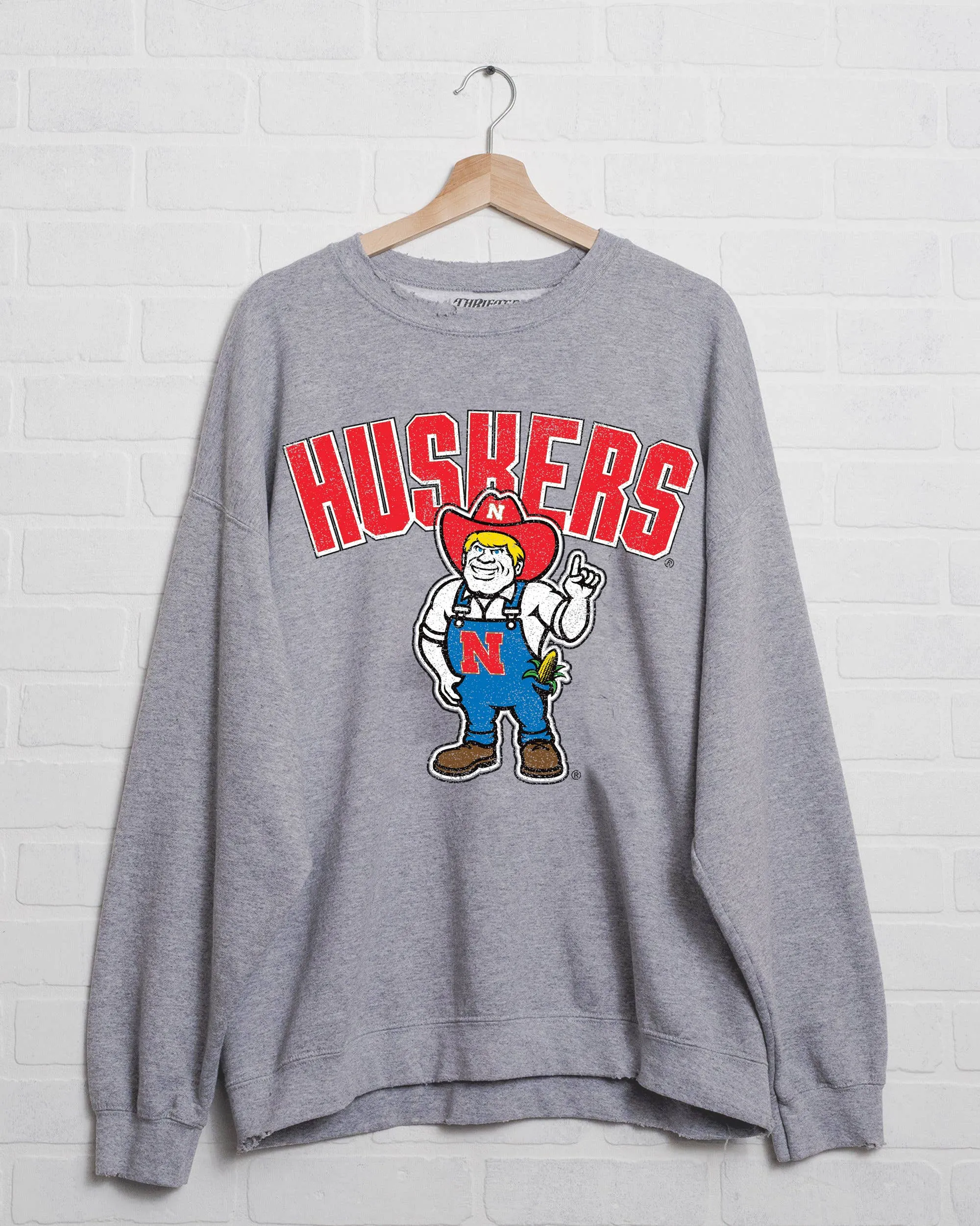 LivyLu - Nebraska Huskers Cartoon Mascot Gray Thrifted Sweatshirt : XL